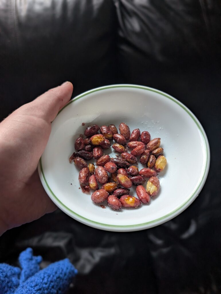 Pan fried Carwile's Virginia peanuts with salt in a bowl, ready for eating